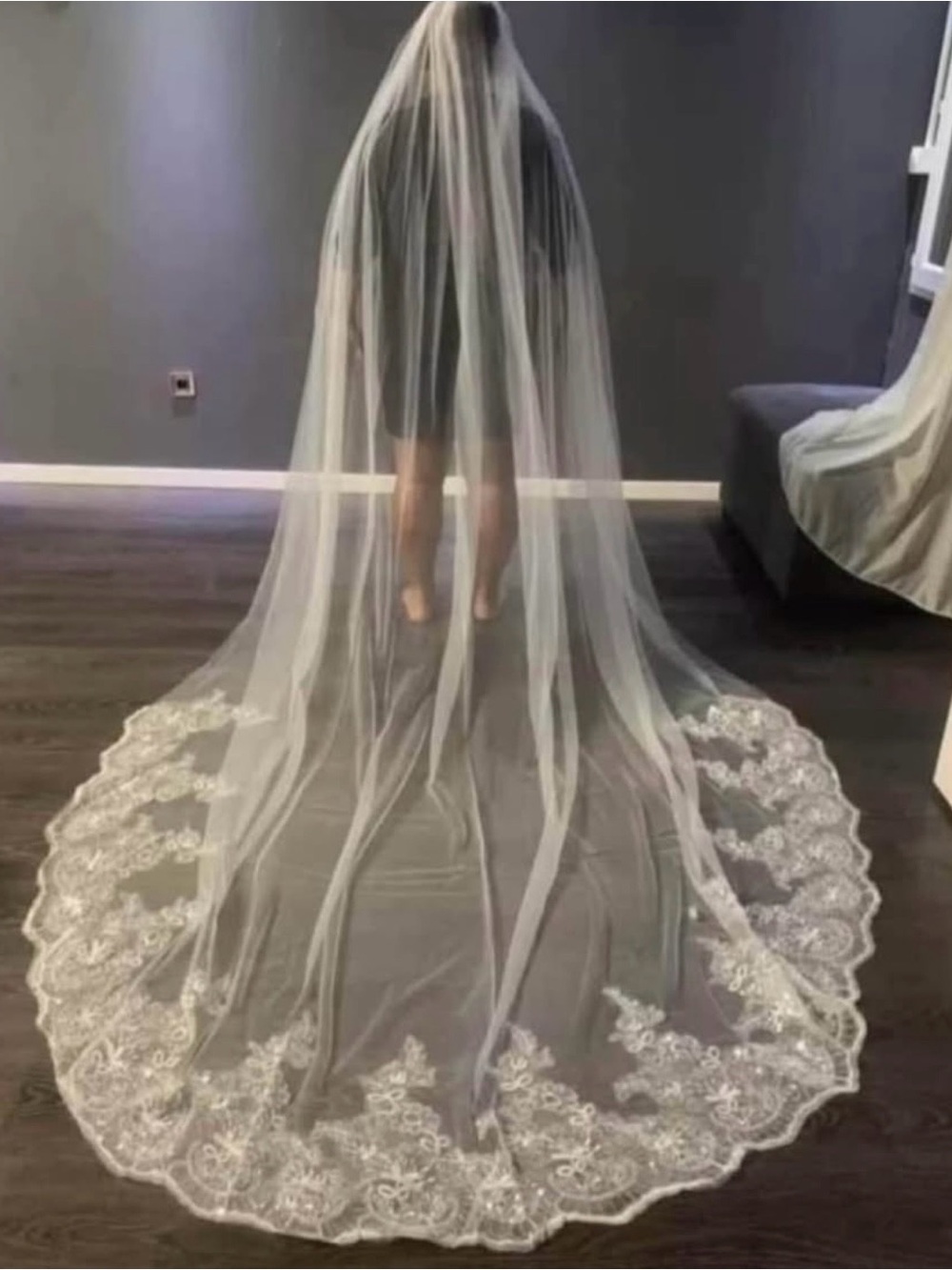 Sheer White Embroidered Chapel Wedding Veil - Brand